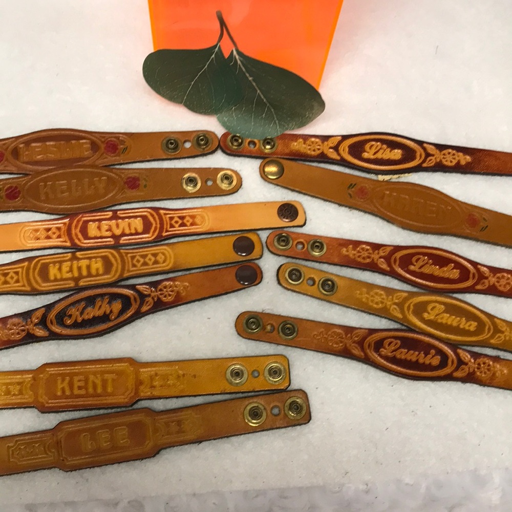 AUTHENTIC Leather name bracelets from 1970s boho gothic cottage core farm girl